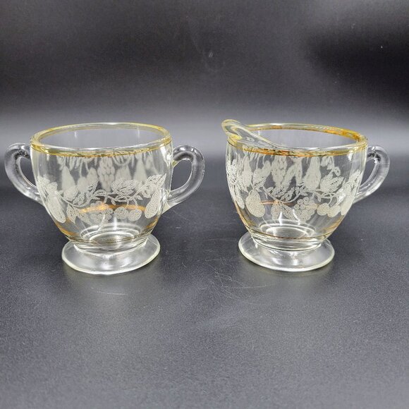 Vintage Cream And Sugar Set Clear Glass Frosted Fruit Gold Serving Kitchen Read - Picture 5 of 9